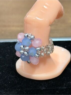 Pink & Blue Beaded Flower Ring - Women Jewelry